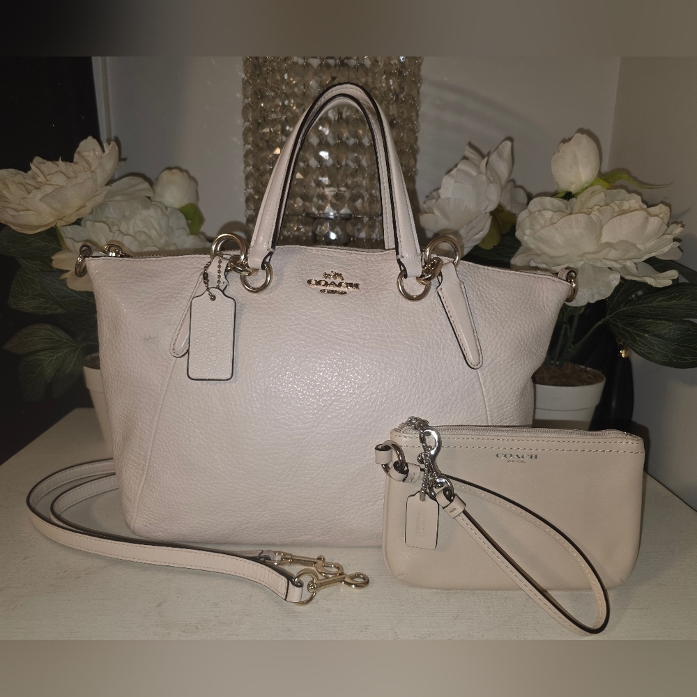 Coach Women's Cream Leather Handbag and Wristlet Set